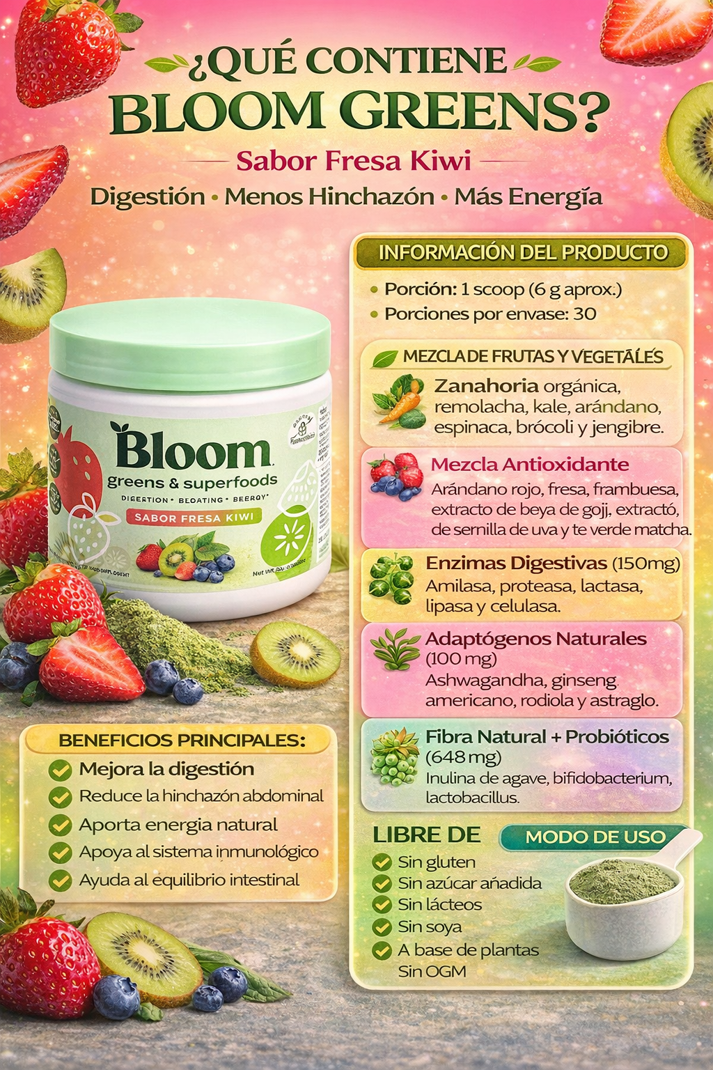 Bloom Greens Premium Strawberry Kiwi – Energía, Digestión y Resultados Reales🍓🥝