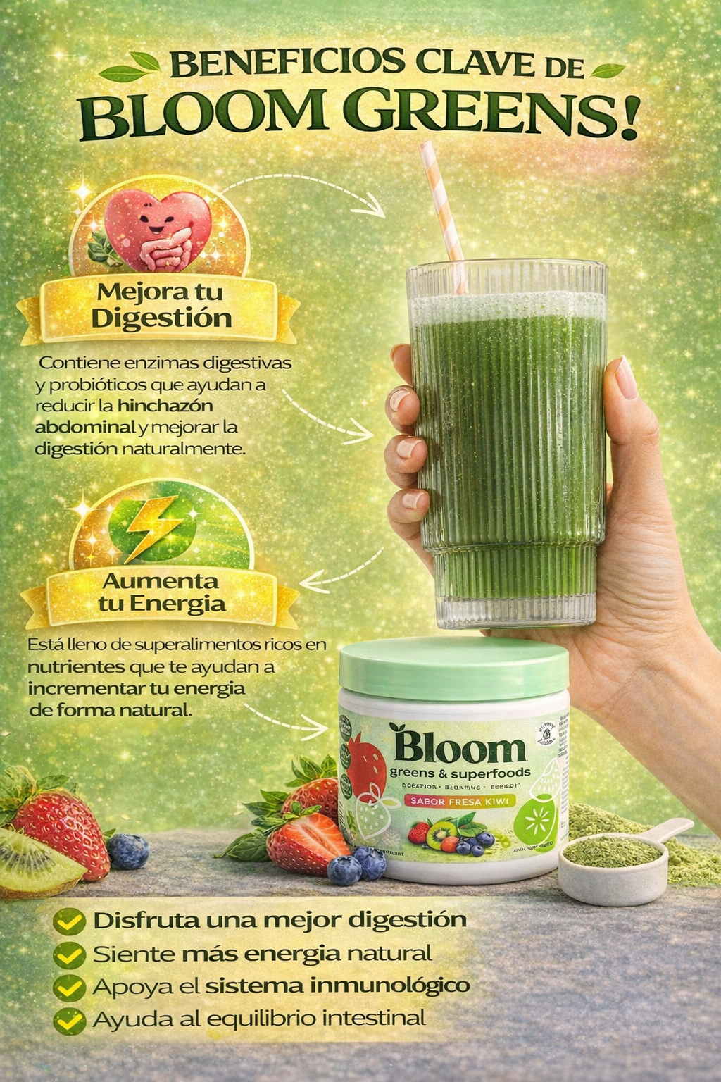 Bloom Greens Premium Strawberry Kiwi – Energía, Digestión y Resultados Reales🍓🥝